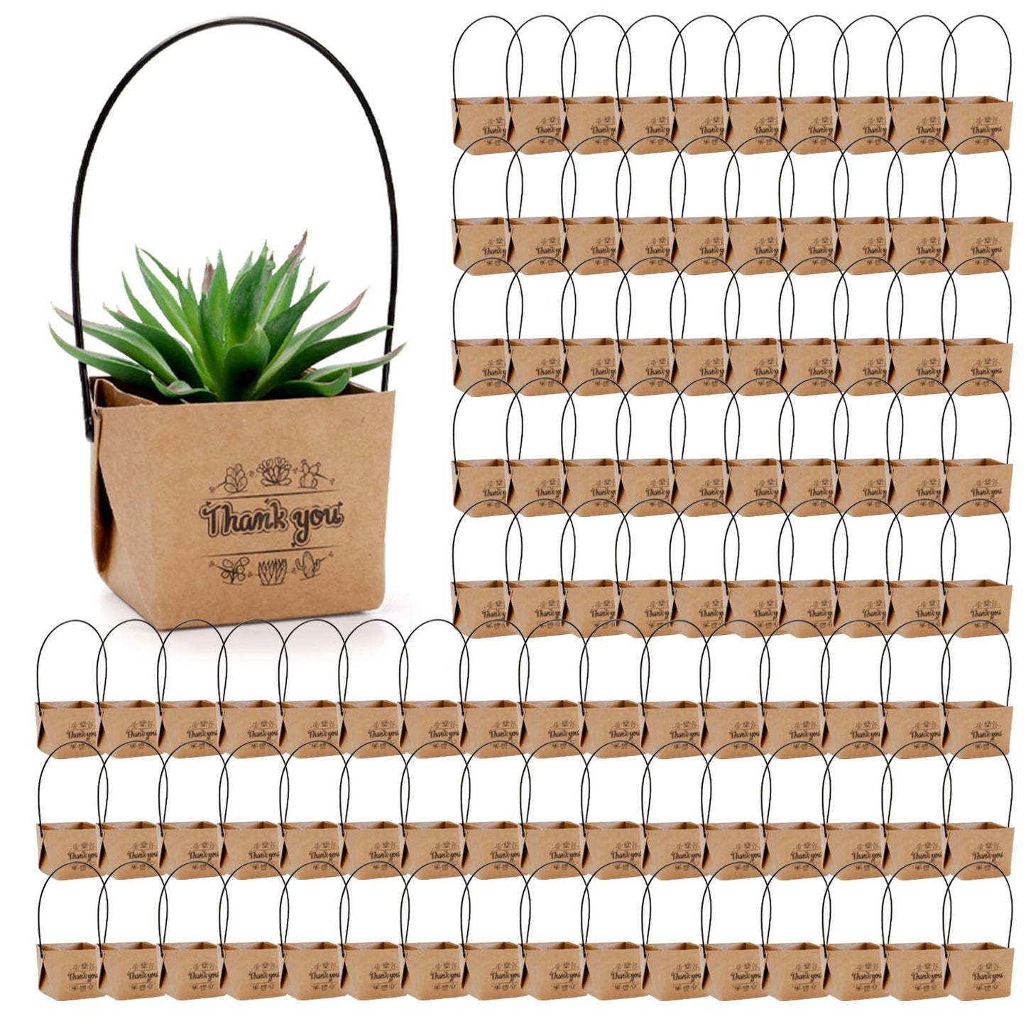 Covzoe 100 Pack Succulent Wraps Bags, Thank You Succulent Gift Box with Handles, Fits 2 Inch Pots, Waterproof Kraft Paper Party Favors for Guests Plants Wedding Decoration