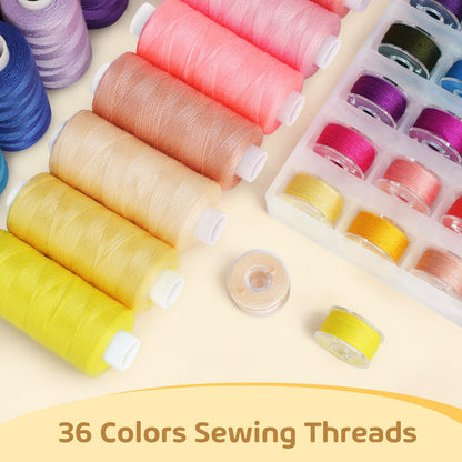 72 pcs Sewing Machine Thread Kit, Thread with Prewound Bobbins & 36 Colors, 400 Yard Polyester for Hand Sewing DIY & Emergency Home, Christmas Stocking Stuffers White Elephant Gifts for Women Mom