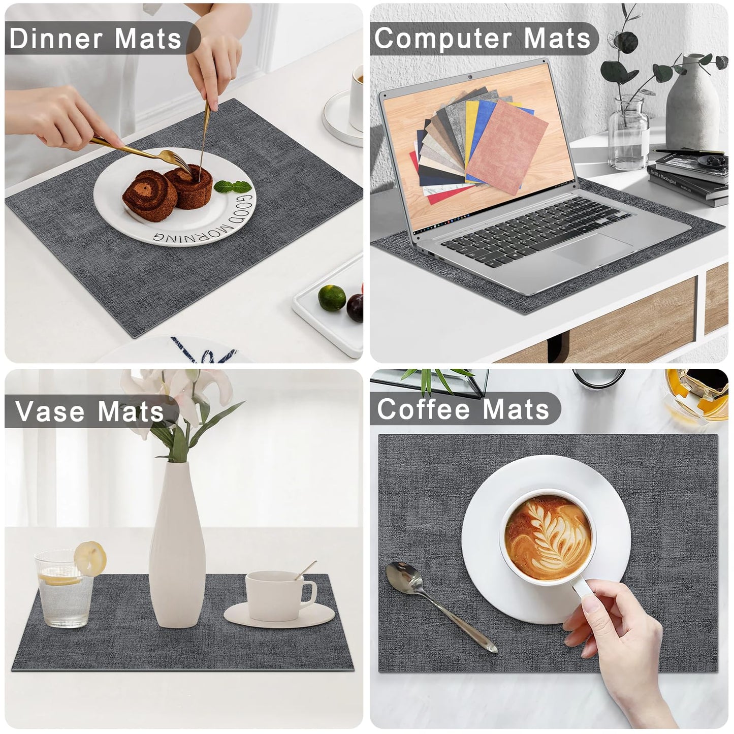 smiry Placemats for Dining Table Set of 6 - Heat Resistant Washable Place Mats for Kitchen Table, Faux Leather Waterproof Non-Slip Table Mat, 11.8" x 17", Dark Grey
