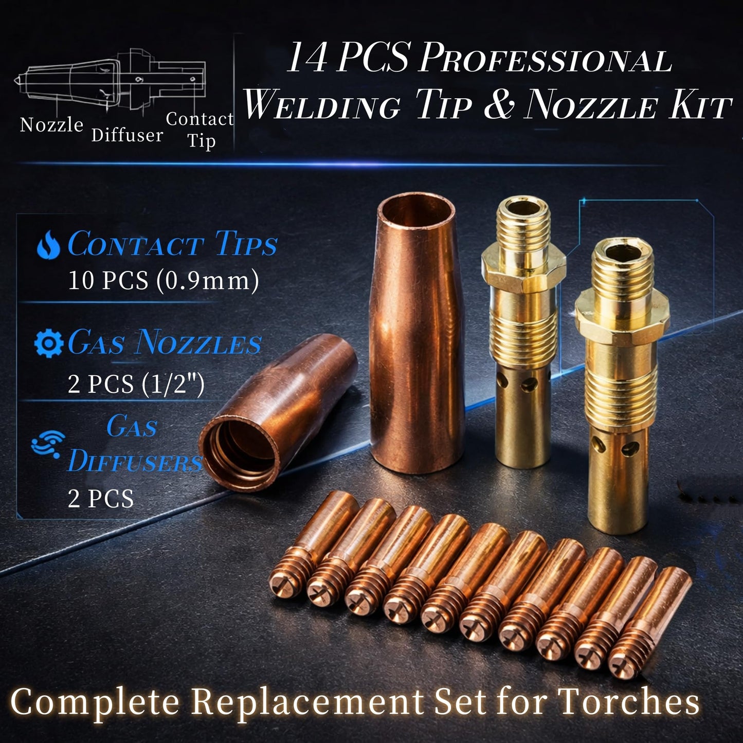 AUNMAS 14 Pcs Welding Tips, 180 kp 3076 Copper Nozzle Diffuser Tip Set tip 11 35 0.035"(0.9mm) Torch Tip Nozzle Diffuser Nozzle Diffuser Tip Welding Tips
