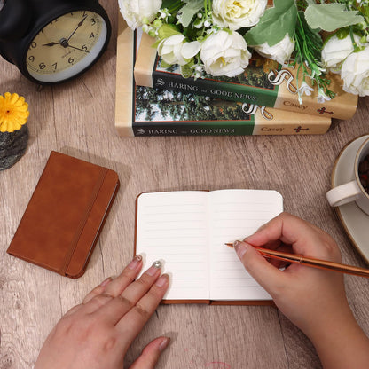 10 Pcs Leather Pocket Notebook A7 Note Book Pocket Hardcover Notepad 3 x 4 Inch Mini Notepad Tiny Lined Journal Notebook With Elastic Band 200 Pages for Office Home School Writing Supplies (Brown)
