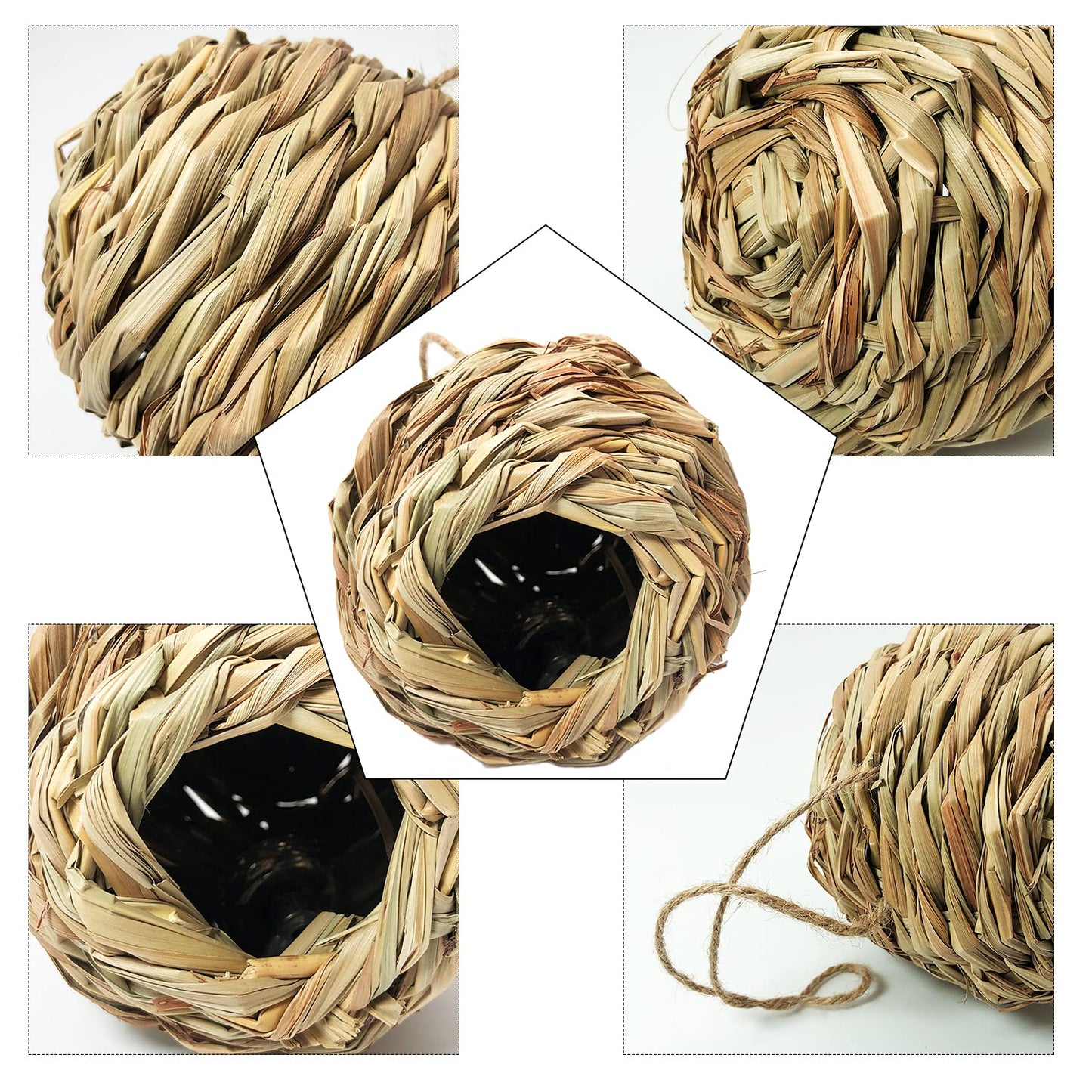 Puninoto Humming Bird Houses for Outside Hanging, Natural Grass Hanging Bird Hut, Hand Woven Hummingbird Nest, Large Wren Finch Bird House for Garden Window Outdoor Home Decoration, 3 Pack