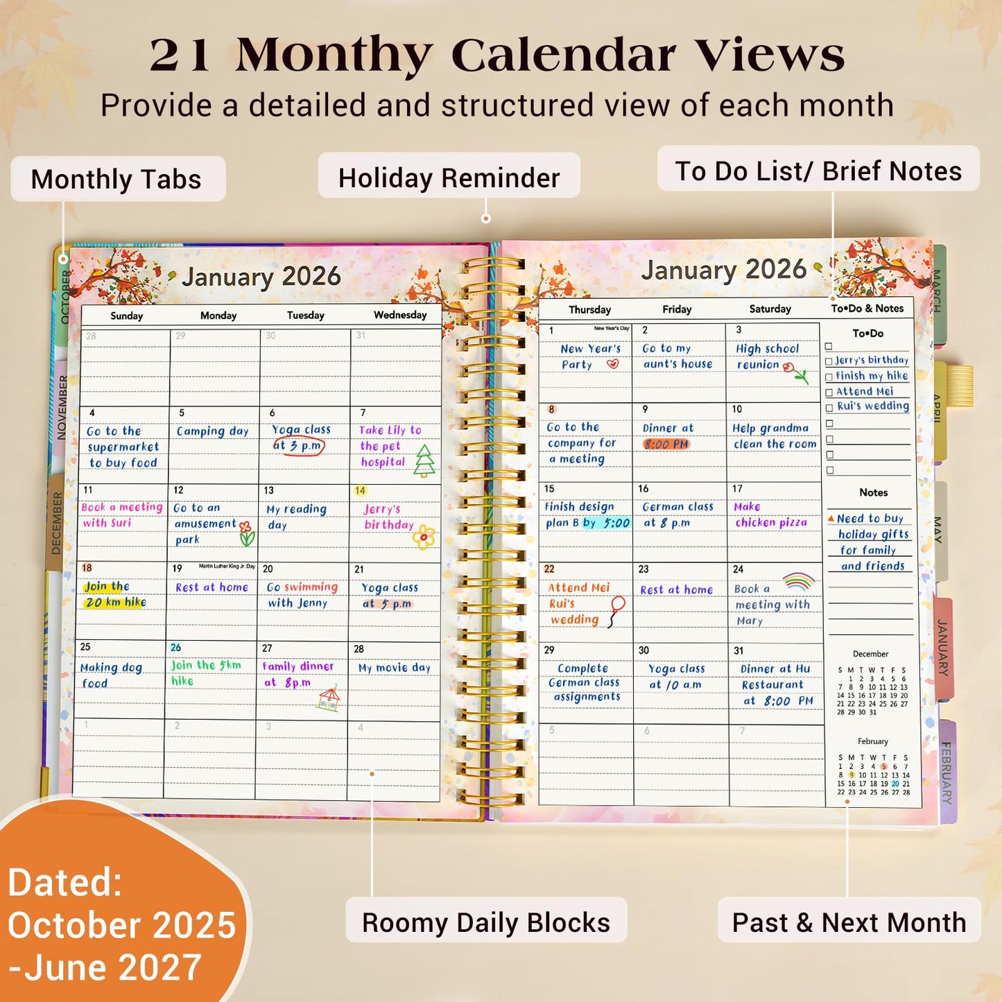 Planner 2026-2027, 18 Months Weekly and Monthly Daily Planner from January 2026 - June 2027, 8.5" x 11" A4 Large Hardcover Agenda Organizer Book 2026 with Tabs, Spiral Yearly Calendar Planners for School Work Home, Colorful Feather