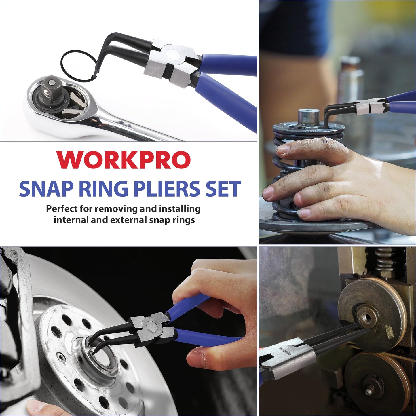 WORKPRO 4-Piece Snap Ring Pliers Set, 7-Inch Internal and External Circlip Pliers Kit with Straight and Bent Jaw, for Ring Remover Retaining, Storage Pouch Included