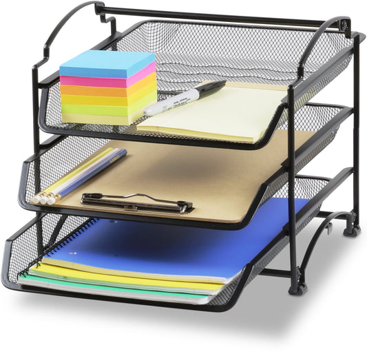 Simple Houseware 3 Tier Stackable and Sliding Document Letter Tray Organizer, Black