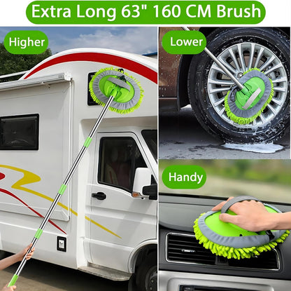 63" Car Wash Brush with Long Handle Microfiber Cleaning Mop Kit for SUV Truck RV 2 in 1 Windshield Cleaner Automotive Interior Exterior Detailing Duster Mitt Scrubber Scratch-Free Accessories