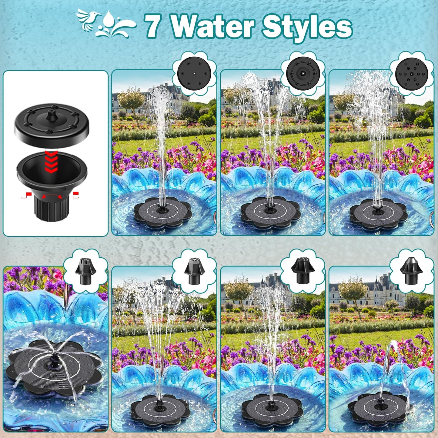 Yzert Solar Water Fountain Flower Shape, 3.5W Glass Solar Fountain with 7 Nozzles & 4 Fixer Rods,Solar Fountain Pump for Bird Bath, Outdoor, Pool, Garden, Pond