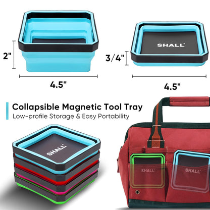 SHALL New Version Collapsible Magnetic Parts Tray Set, 4-Pack Magnetic Tool Trays for Screw Bolts Nuts Washers Pins & Small Metal Parts, 4.5” Square Silicone Foldable Bowls w/Dual-Sided Magnetic Base
