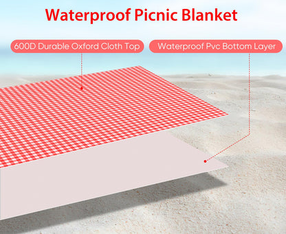 BARTHKIT Extra Large Outdoor Picnic Blanket, 79"x79" Waterproof Picnic Mat, Sandproof Beach Blanket Portable Camping Blanket Lightweight for Camping Beach Park Courtyard, Red & White Grid