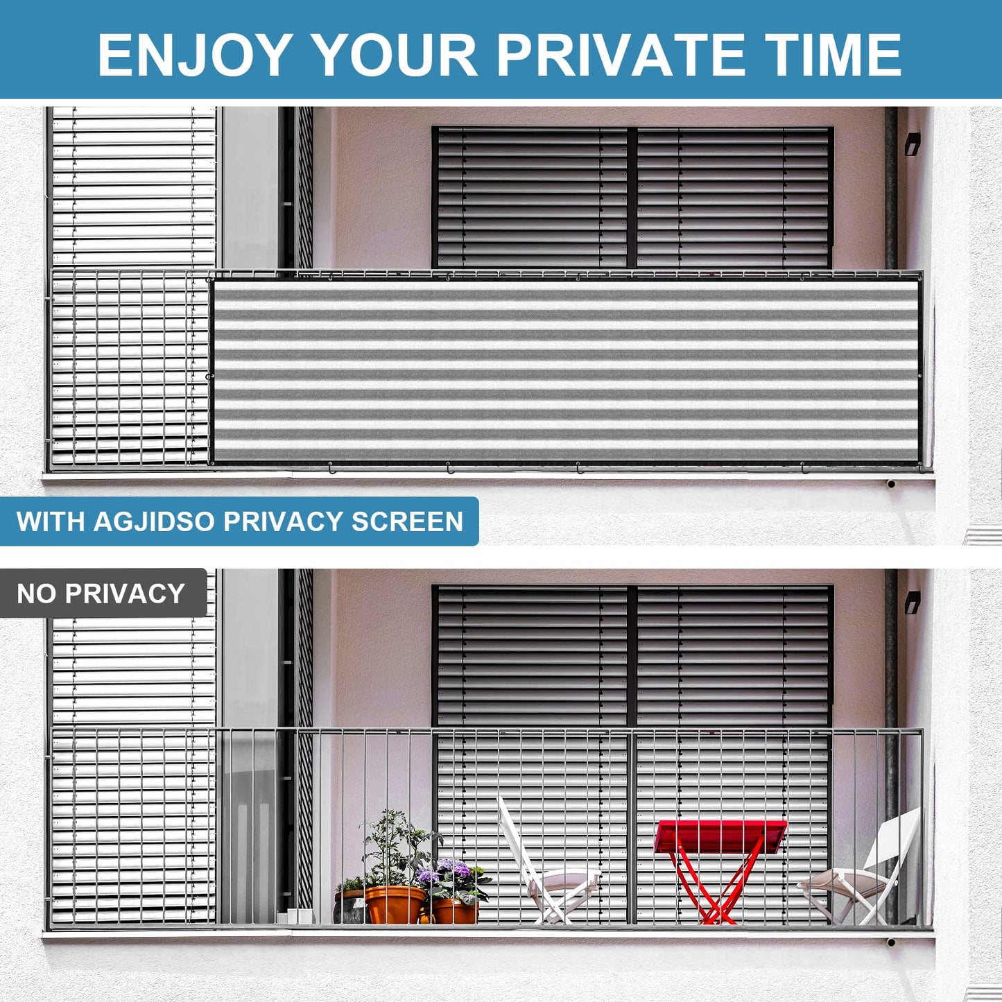 AGJIDSO Balcony Privacy Screen 3.0ft x 20ft, Heavy Duty UV Protection Heat Resistant, Outdoor Privacy Screen with 24 pcs Cable Ties and Rope for Home, Balcony, Garden Patio, Grey White