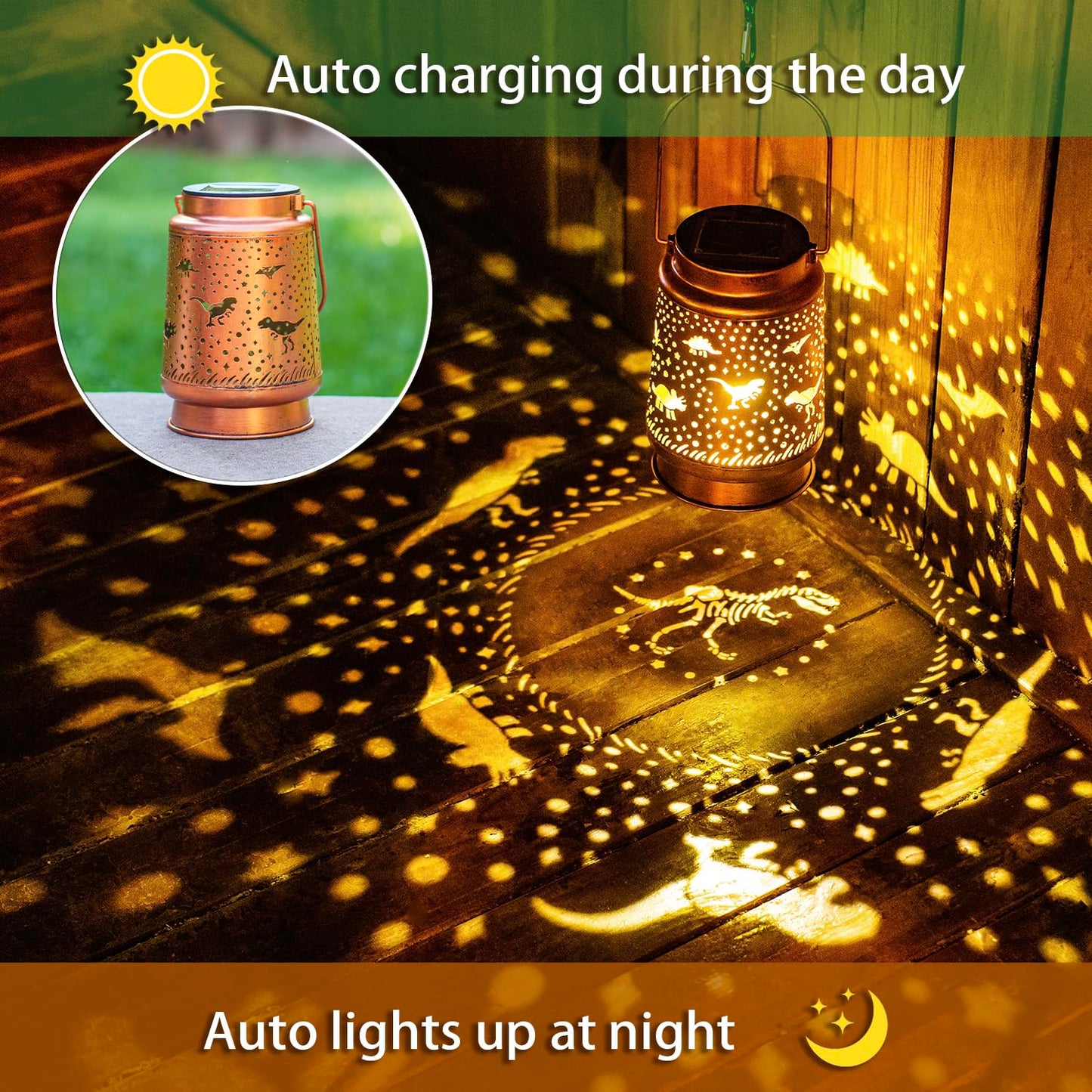 Dinosaur Solar Lanterns Outdoor Waterproof Hanging Solar Lights Dinosaur Gifts for Women Men Metal Decorative LED Dinosaur Lanterns for Garden Decor,Yard,Patio,Lawn,Tabletop,Pathway,Landscape