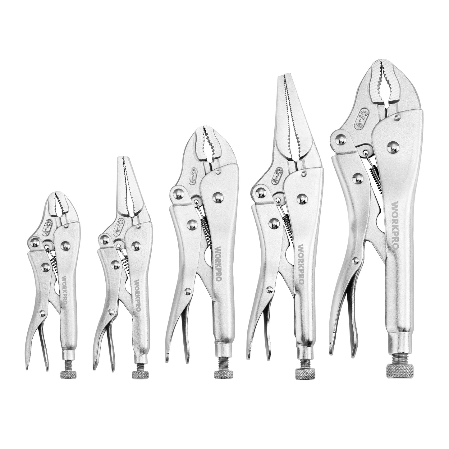 WORKPRO 5-Piece Locking Pliers Set, Pliers Tool Set, Vice Grips with Chrome-Vanadium Steel, 5/7/10 inch Curved Jaw Pliers, 6.5/9 inch Long Nose Pliers