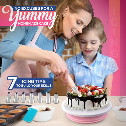 RFAQK 35 PCs Cake Decorating Kit with Cake Turntable -Leveler- Cake Stand with Non slip Base-7 Piping Tips & 20 Bags-Straight & Offset Spatula- Scraper Set-EBook-Cake Decorations & Baking Supplies Set