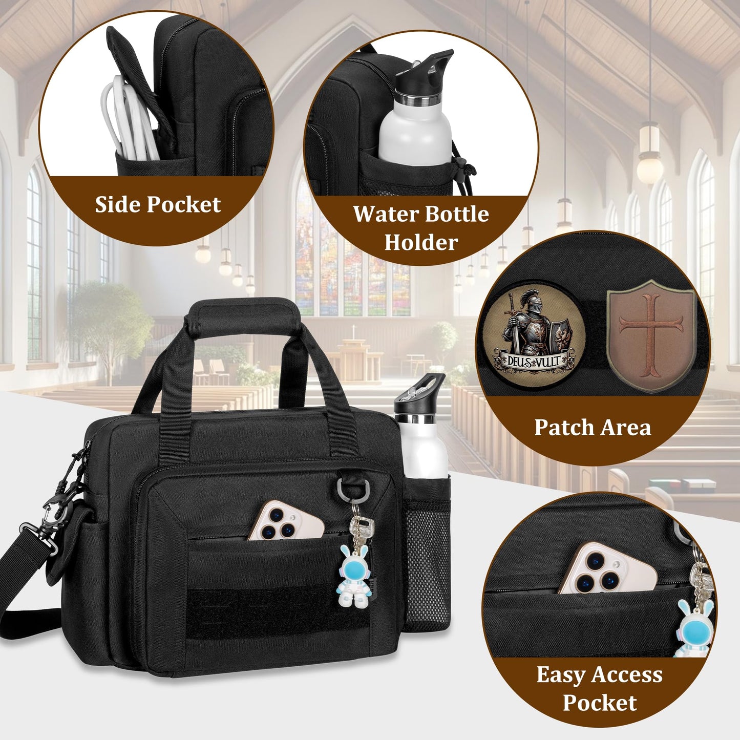 Damero Large Bible Bag for Men, Bible Tote Bag Church Bag with Cup Holder, Cover for Study Supplies, Black