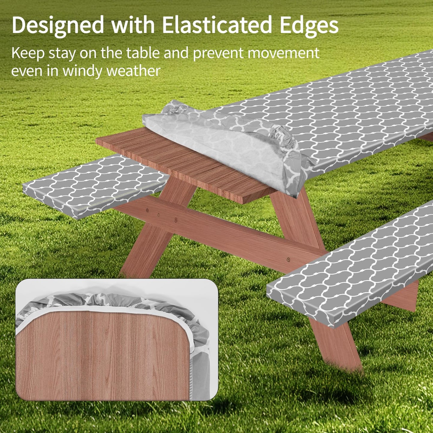 3 PCS Picnic Table Cover with Bench Covers Waterproof Camping Tablecloth Flannel Backing Elastic Edge Wipeable Plastic Cover Vinyl Tablecover Fitted 30''x72'' Rectangle Tables (Grey Moroccan, 6 FT)