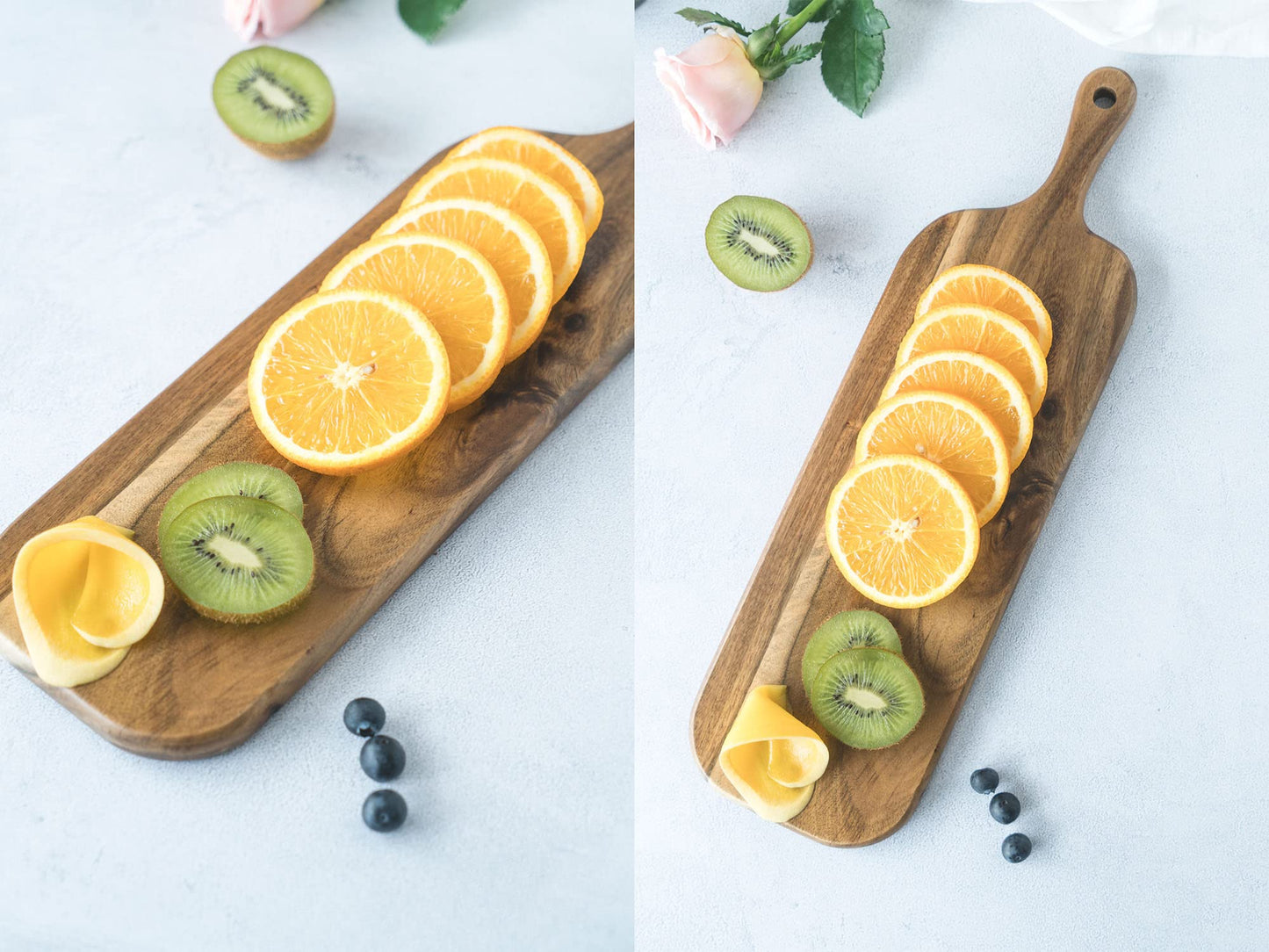 Bill.F Acacia Wood Cutting Board with Handle Small Size Long Wooden Charcuterie Board Paddle Cheese Board Serving Boards for Kitchen Meat, Pizza,Cheese, Bread, Vegetables &Fruits 16'' x 4.7'' x 0.6''