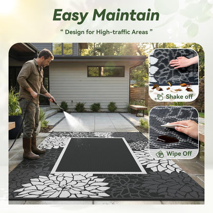 RESARE-Outdoor Rug-Patio Rug 5x8 ft RV Camping Floral Waterproof Mat Portable Outdoor Area Carpet for Deck Porch Picnic Balcony Backyard Beach Rugs Reversible Non Fading Black & White