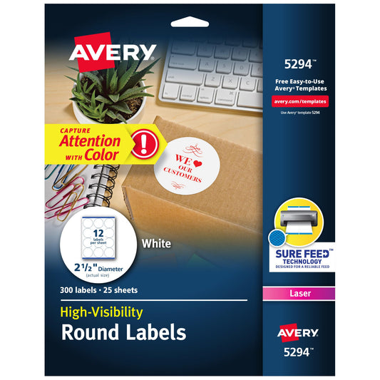 White Round High Visibility Labels with Sure Feed