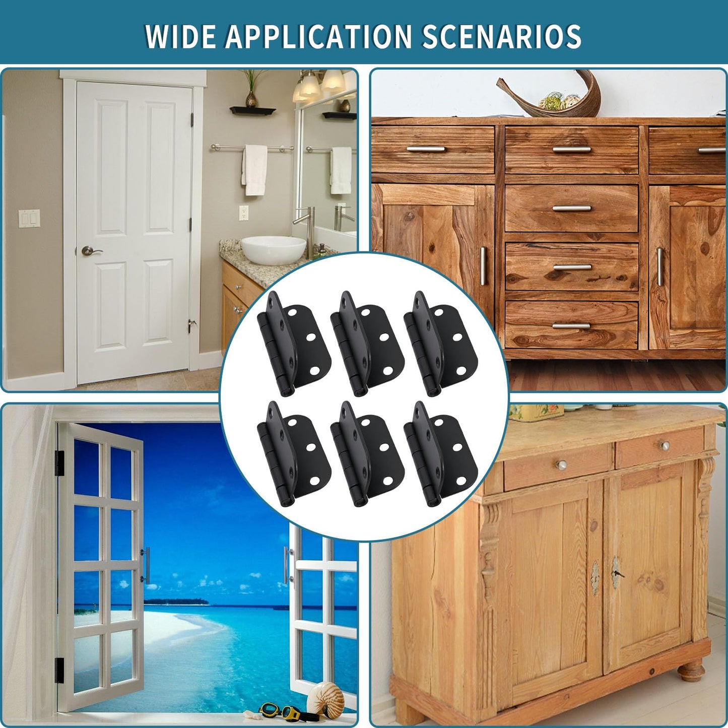 DUZFOREI 6 Pack 3 Inch x 3 Inch Door Hinges, 5/8" Radius Heavy Duty Matte Black Round Door Hinges for Interior 3 Inch Round Modern Hardware