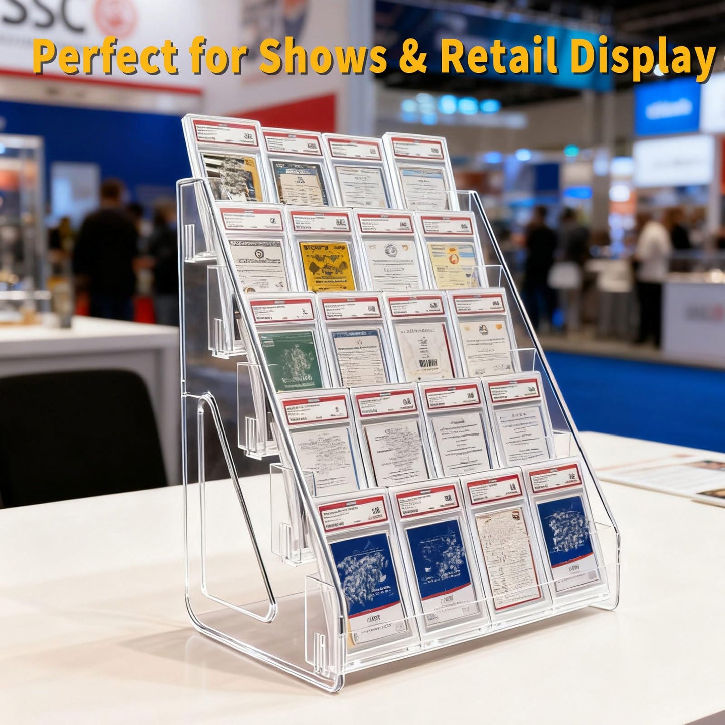 3-Tier Trading Card Display Stand – Transparent Vertical PET Rack for Standard Graded Card Slabs, Toploaders, Magnetic Holders, Sports Collections