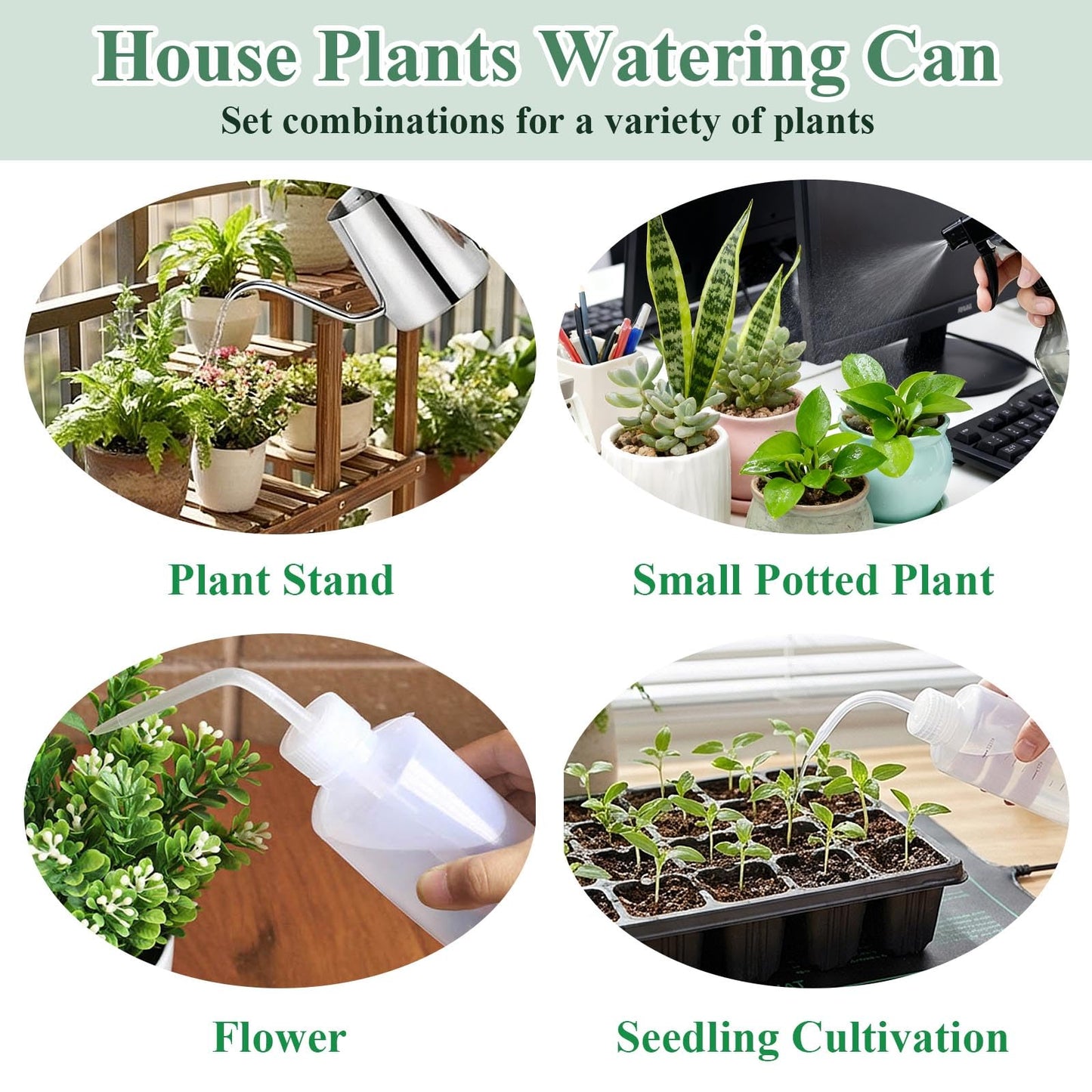 Boocalny 3Pcs Watering Can Indoor Plants Set,350ml Stainless Steel Long Spout Plant Watering Pot & 250ml Squeeze Bottle& 500ml Mist Spray Bottle,Mini Indoor Watering Can for House Garden Potted Flower