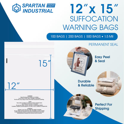 Spartan Industrial - 12” X 15” (100 Count) Self Seal Clear Poly Bags with Suffocation Warning for Packaging, T Shirts & Shipping - Permanent Adhesive
