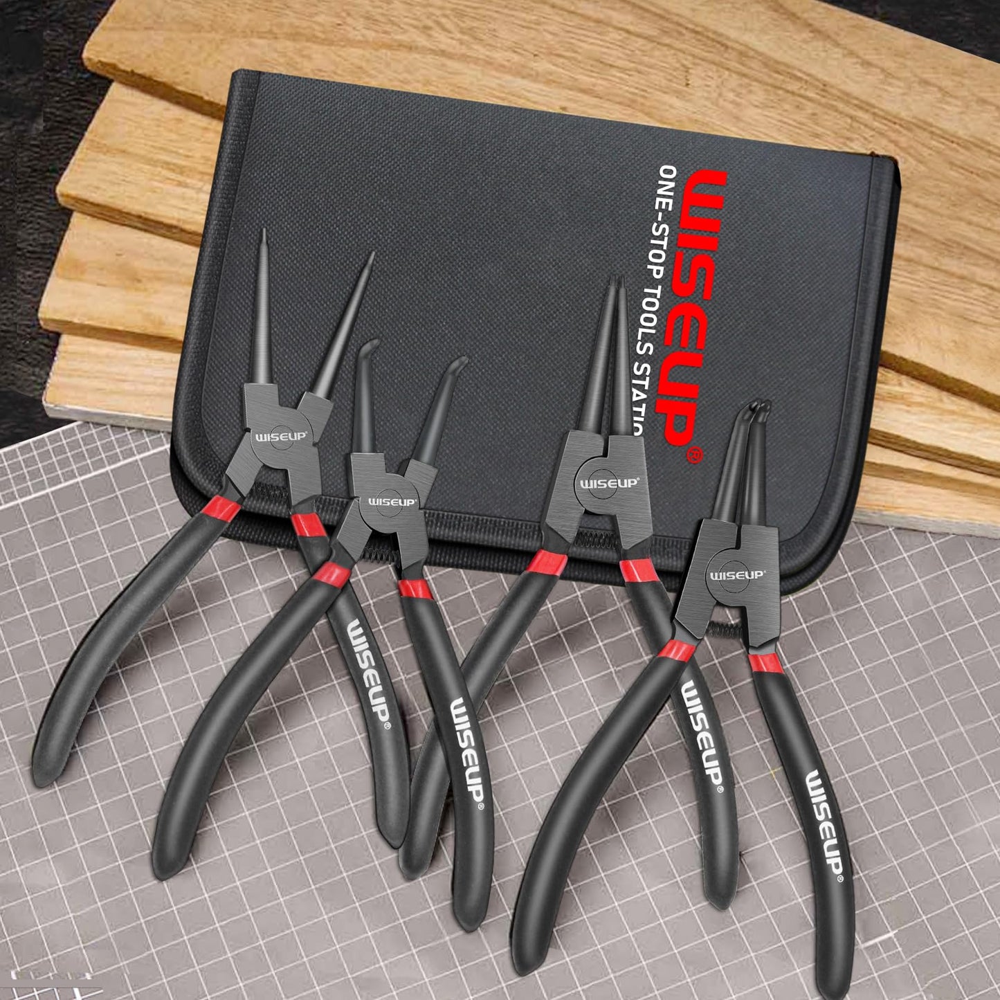 WISEUP Pliers Set, 170mm 4-Piece Bent/Straight Internal External Circlip Plier, Industrial Carbon Steel plier Set, Anti-Rust, Anti-Bending and Labor-Saving Split Ring Pliers, with Storage Bag