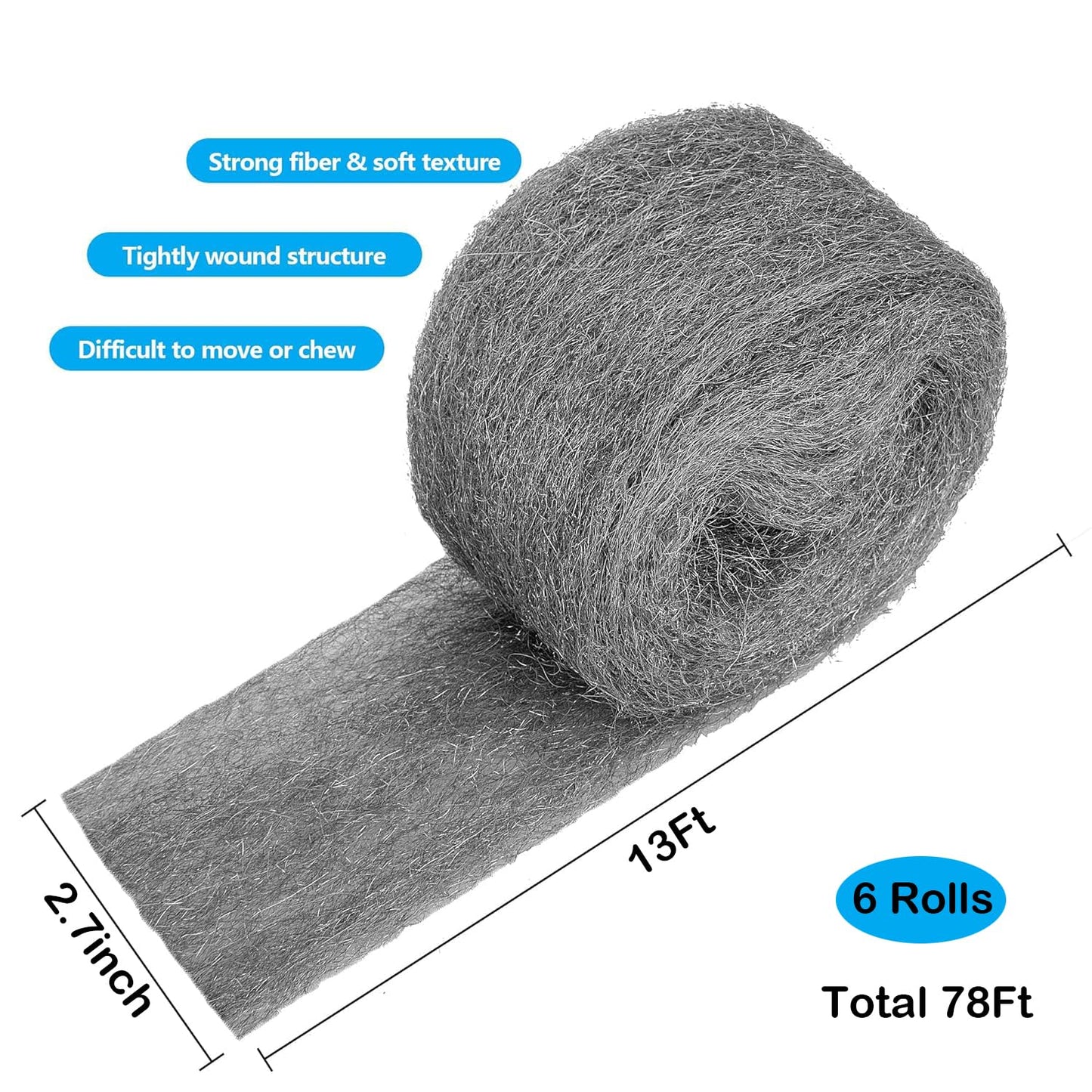 78 Feet Steel Wool Fill Fabric, Steel Wool Blend Hardware Cloth Gap Blocker for Holes Wall Cracks Vents in Garden House Garage (6 Rolls)