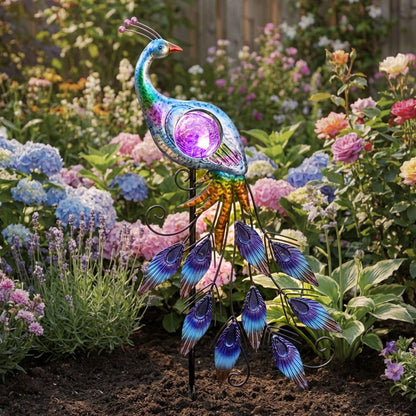 TERESA'S COLLECTIONS Peacock Solar Outdoor Light, 24'' Metal Lawn Ornaments with Crackle Glass Ball, Decorative Stake for Garden Decor
