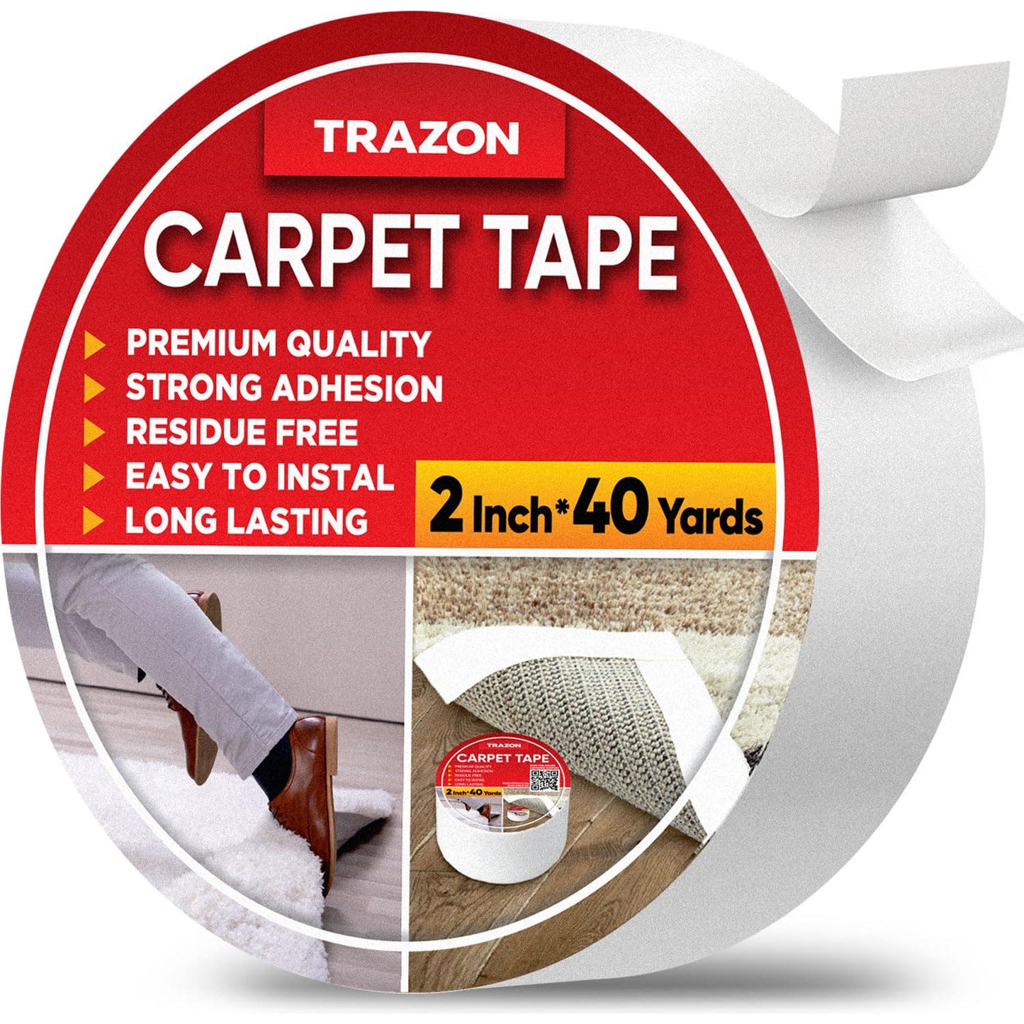 Trazon Carpet Tape Double Sided - Rug Tape Grippers for Hardwood Floors and Area Rugs - Carpet Binding Tape Strong Adhesive and Removable, Heavy Duty Stickers Tape, Residue Free (2 Inch / 40 Yards)