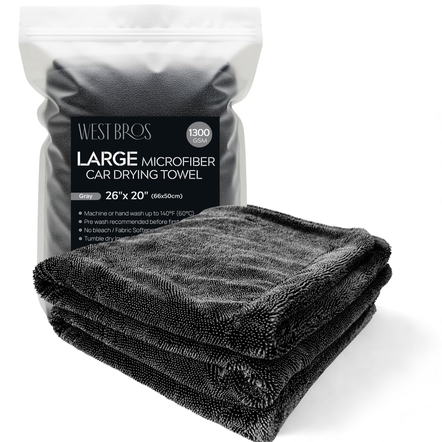WEST BROS Large Microfiber Car Drying Towel 1300 GSM Double Twist Pile - Premium Auto Wash Towel for Cars Trucks SUV - Super Absorbent Detailing Cleaning Cloth 20x26'' Gray 1-Pack