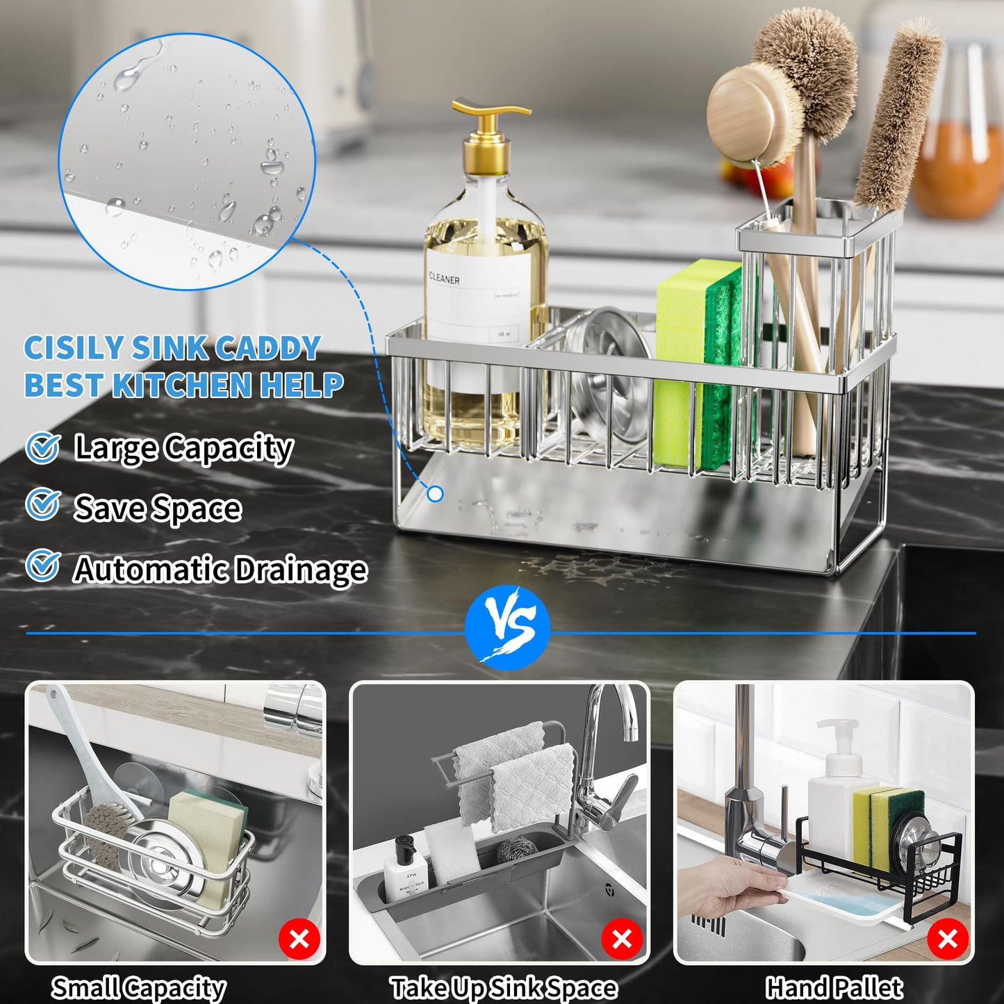 Cisily Kitchen Sink Caddy, Sponge Holder for Kitchen Sink, Kitchen Sink Organzier and Storage with High Brush Holder, Rustproof 304 Stainless Kitchen Gadgets Sink Accessories(Stainless Steel)