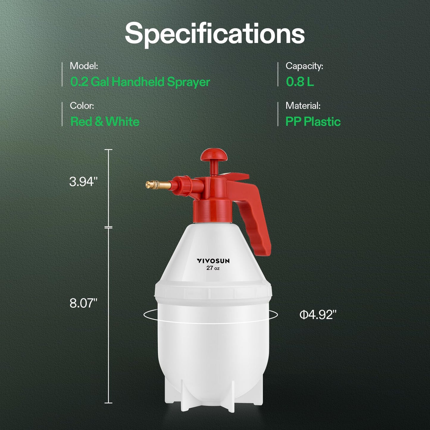 VIVOSUN 0.2Gallon Hand held Garden Sprayer Pump Pressure Water Sprayers, 27 oz Hand Sprayer for Lawn, Garden (0.8L Red)