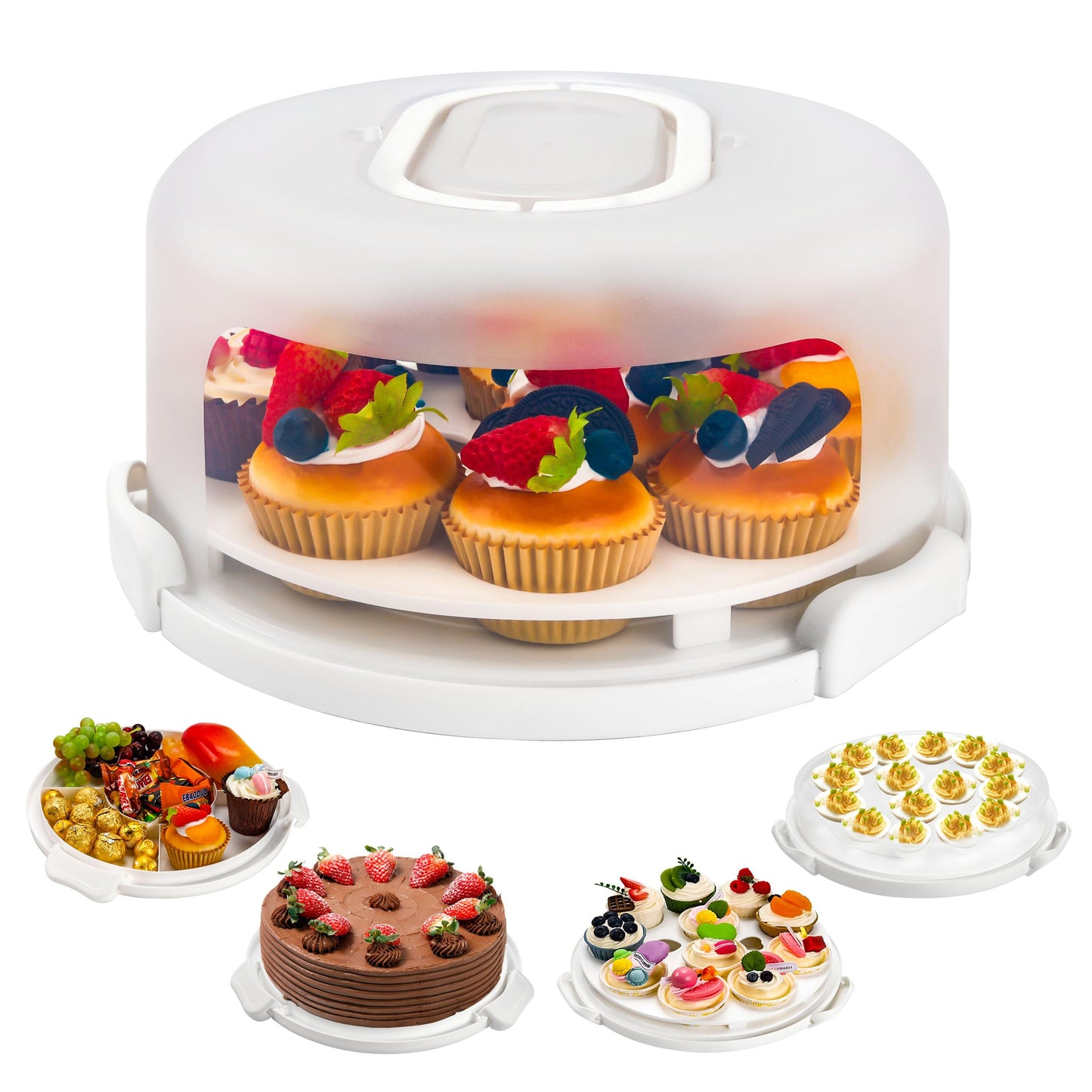 White Cake Containers with Lids Round Plastic Cupcake Holders 4-in-1 Multipurpose Cake Carrier Holder for 11 Inch Cake Pies Cupcake Eggs Fruit or Snack Transport