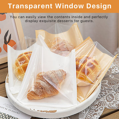 300 PCS Bakery Bags with Window, Akamino Heat-Sealable Kraft Paper Pastry Bags for Cookies and Pastries, 7.5 x 7.1 Inches Grease Resistant Food Bags for Sandwich, Candy, Snack