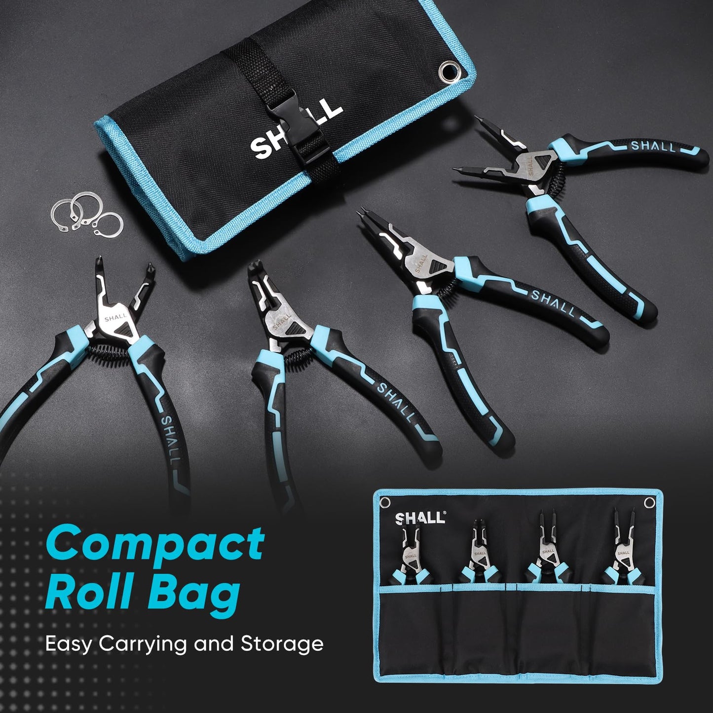 SHALL Snap Ring Pliers Set, 4-Piece Heavy Duty 7" Snap Ring Pliers, Snap Ring Pliers with 5/64" Tip, Inverted Ring Remover Bracket Pliers with Portable Case