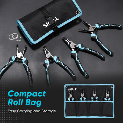SHALL Snap Ring Pliers Set, 4-Piece Heavy Duty 7" Snap Ring Pliers, Snap Ring Pliers with 5/64" Tip, Inverted Ring Remover Bracket Pliers with Portable Case