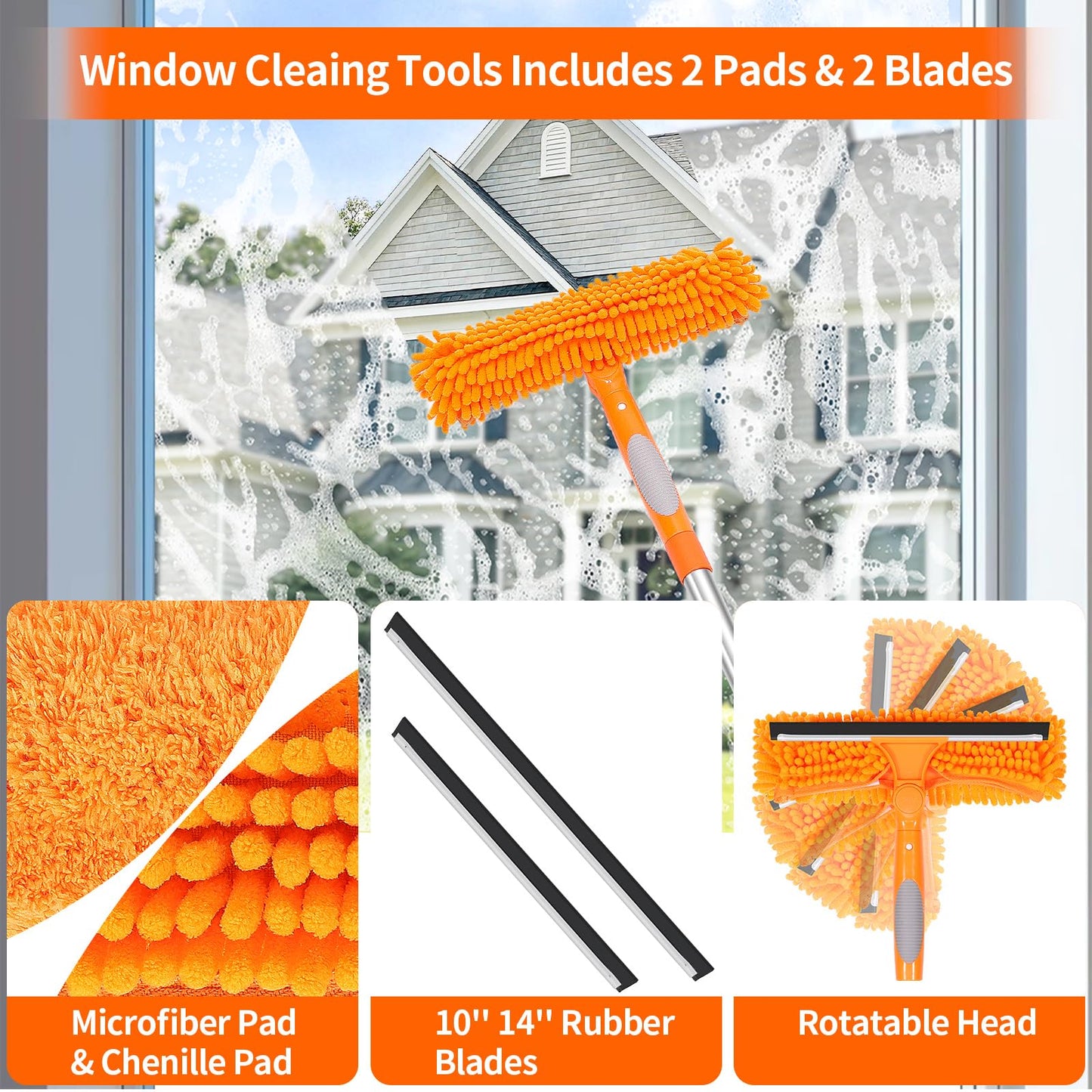 TIMIVO 67" Squeegee Window Cleaner, 2 in 1 Professional Window Cleaning Tool Kit with Extension Pole, Window Washing Equipment with Rotatable Head for Indoor Outdoor Windows Car Glass