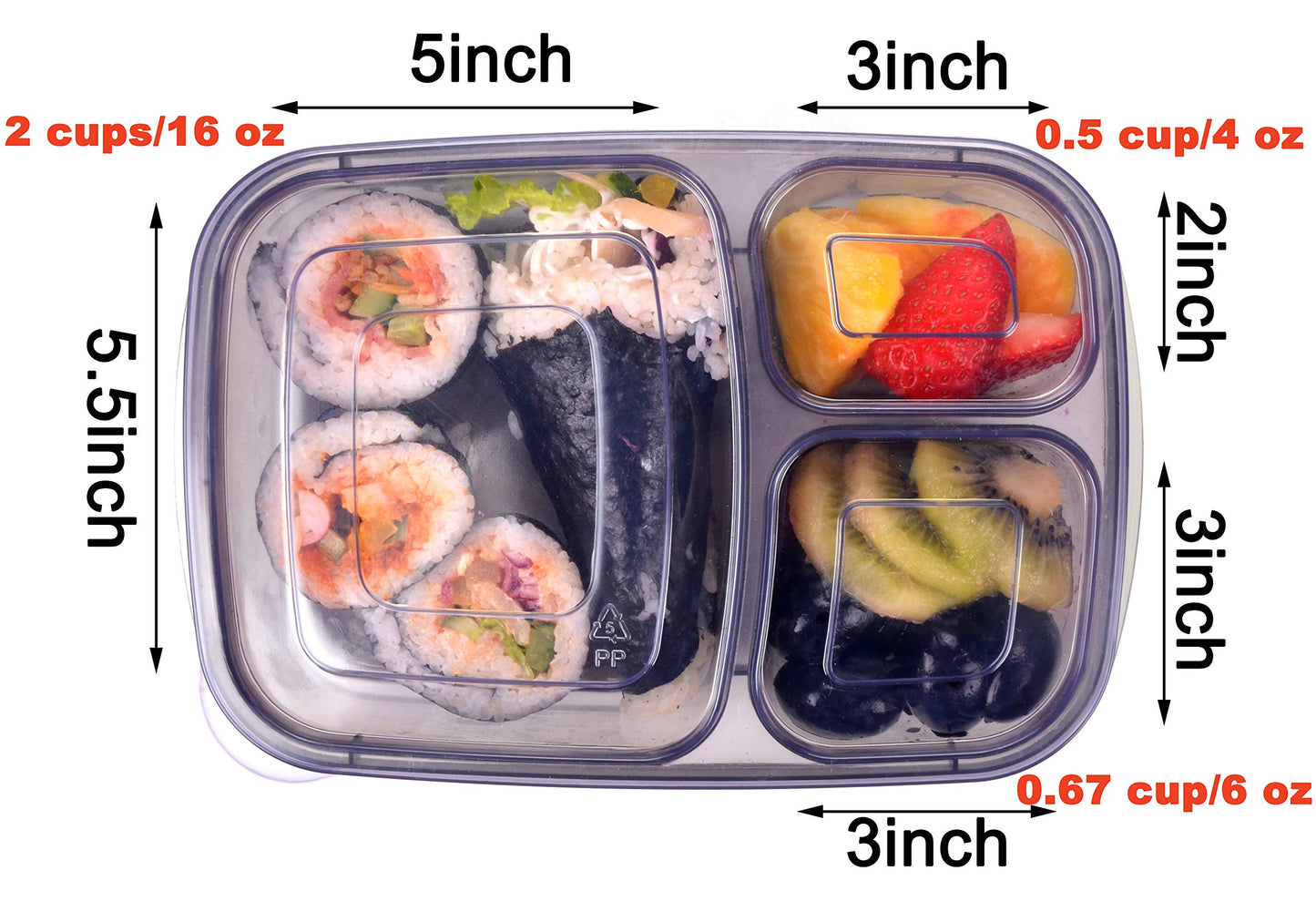 Youngever 7 Pack Bento Lunch Box, Meal Prep Containers, Reusable 3 Compartment Plastic Divided Food Storage Container Boxes