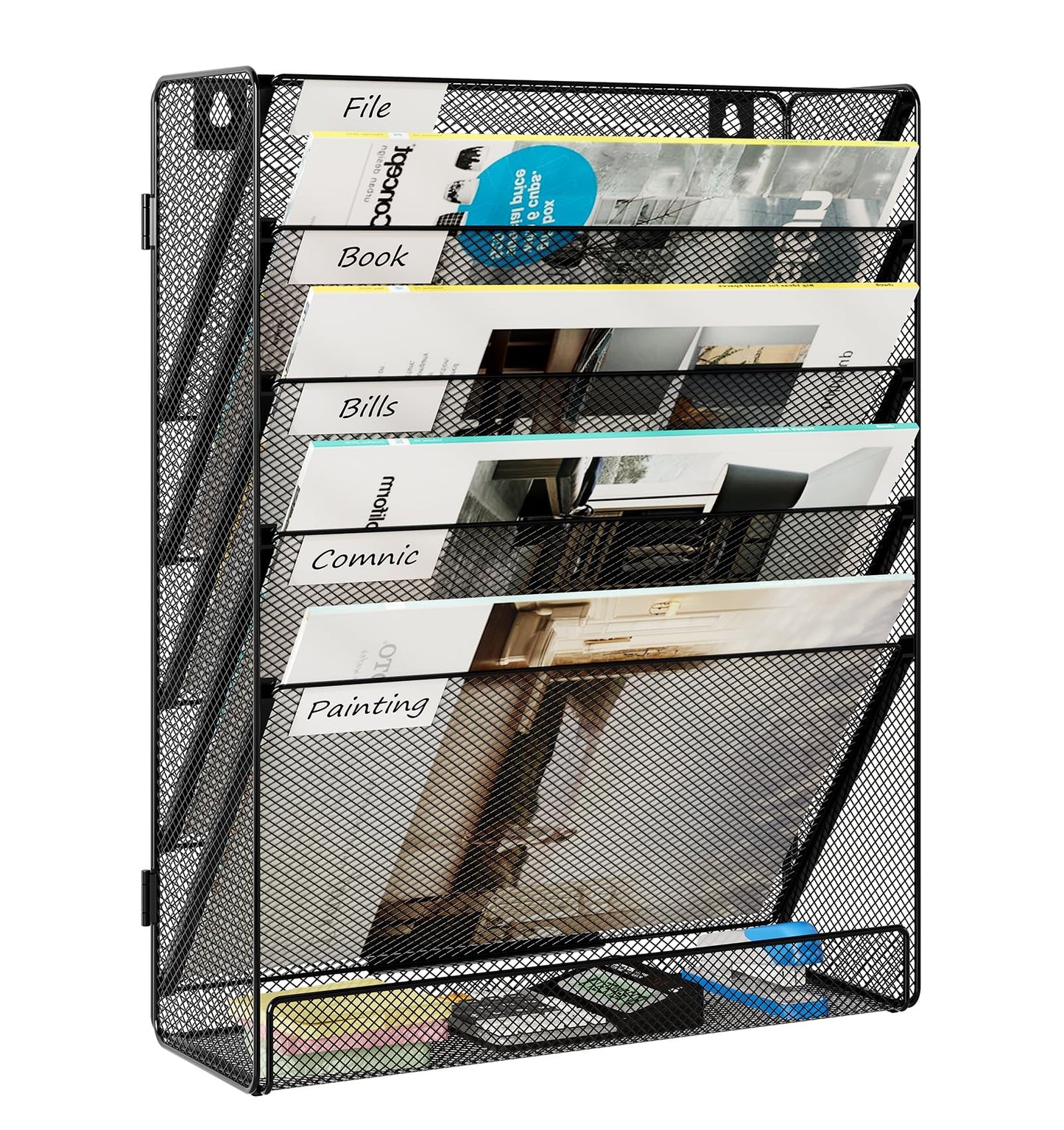 Solinxe Wall File Holder 6 Tier Hanging File Folder Organizer Desk Paper Magazine Document Rack, Black