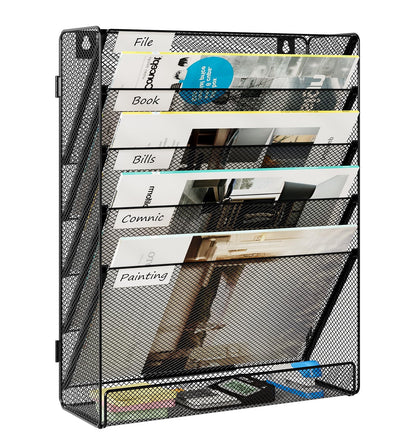 Solinxe Wall File Holder 6 Tier Hanging File Folder Organizer Desk Paper Magazine Document Rack, Black
