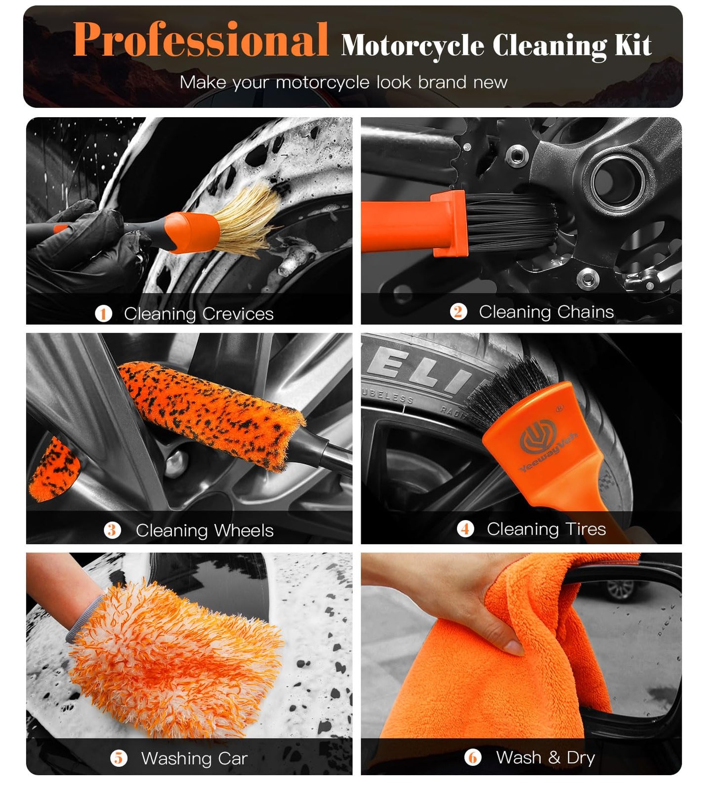 YeewayVeh 7PCS Motorcycle Cleaning Kit, 2-Size Bendable Wheel Brush, Tire and Chain Brush, Detailing Brush, Microfiber Towel and Car Wash Mitt for Car Wheels Motorcycle Dirt Bike Detailing Wash Kit