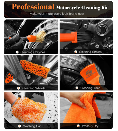 YeewayVeh 7PCS Motorcycle Cleaning Kit, 2-Size Bendable Wheel Brush, Tire and Chain Brush, Detailing Brush, Microfiber Towel and Car Wash Mitt for Car Wheels Motorcycle Dirt Bike Detailing Wash Kit