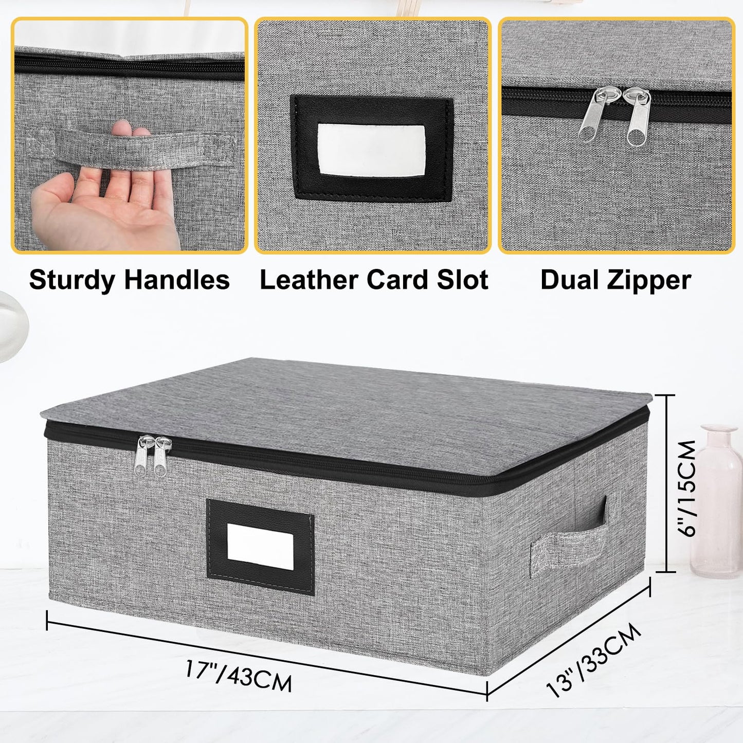 Coffee Mug Storage Box with Dividers, Durable China Storage Containers for Coffee Mugs, Tea Cups Storage Organizer with Lid, Handles, Label Window, Holds 12 Mugs, Hard Shell and Stackable