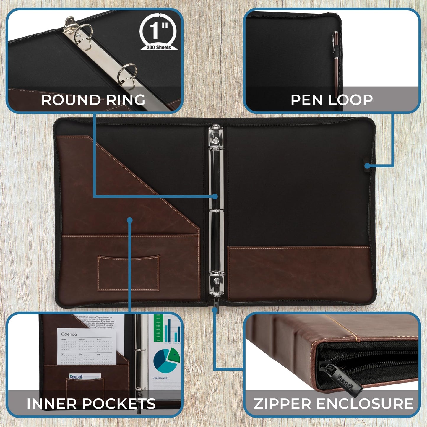 Samsill Vintage Junior Hardback 3 Ring Zipper Binder, Professional Planner Organizer, 1-Inch Capacity, Faux Leather with Contrast Stitching, Brown, 9.25 x 7.5 Inches