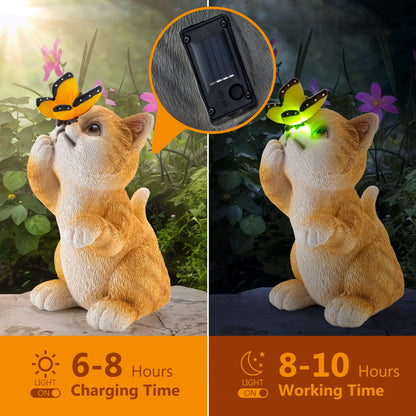 Solar Garden Cat Statue,Resin Outdoor Cat Decor with Solar Butterfly Changing Light for Yard Lawn Patio Home,Unique Gift for Mom Women Grandma