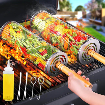 2PCS Rolling Grill Baskets with Removable Wooden Handle,304 Stainless Steel Nesting BBQ Basket for Outdoor Cooking Camping,BBQ Accessories Tools for Vegetables,Seafood & Meat,Gifts for Men Dad Husband