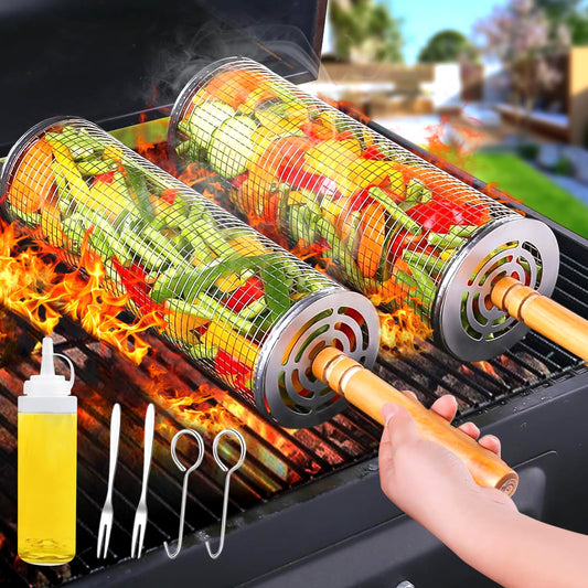 2PCS Rolling Grill Baskets with Removable Wooden Handle,304 Stainless Steel Nesting BBQ Basket for Outdoor Cooking Camping,BBQ Accessories Tools for Vegetables,Seafood & Meat,Gifts for Men Dad Husband
