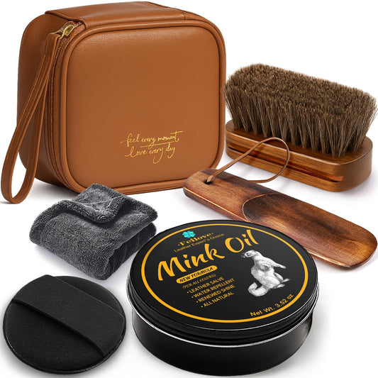 6-in-1 Mink Oil Leather Conditioner and Cleaner Kit 3.52 oz – Premium Waterproof Leather Care for Boots, Shoes & Bags