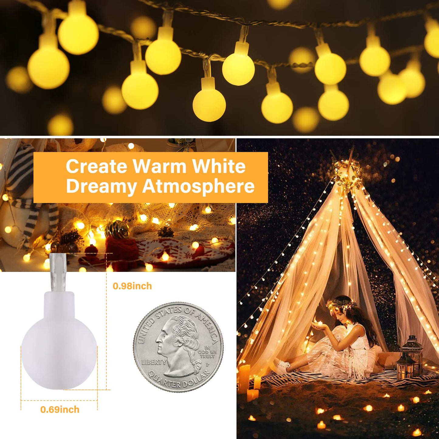 33 FT 100 LED Globe Ball String Lights, Fairy String Lights Plug in, 8 Modes with Remote, Decor for Indoor Outdoor Party Wedding Christmas Tree Garden, Warm White